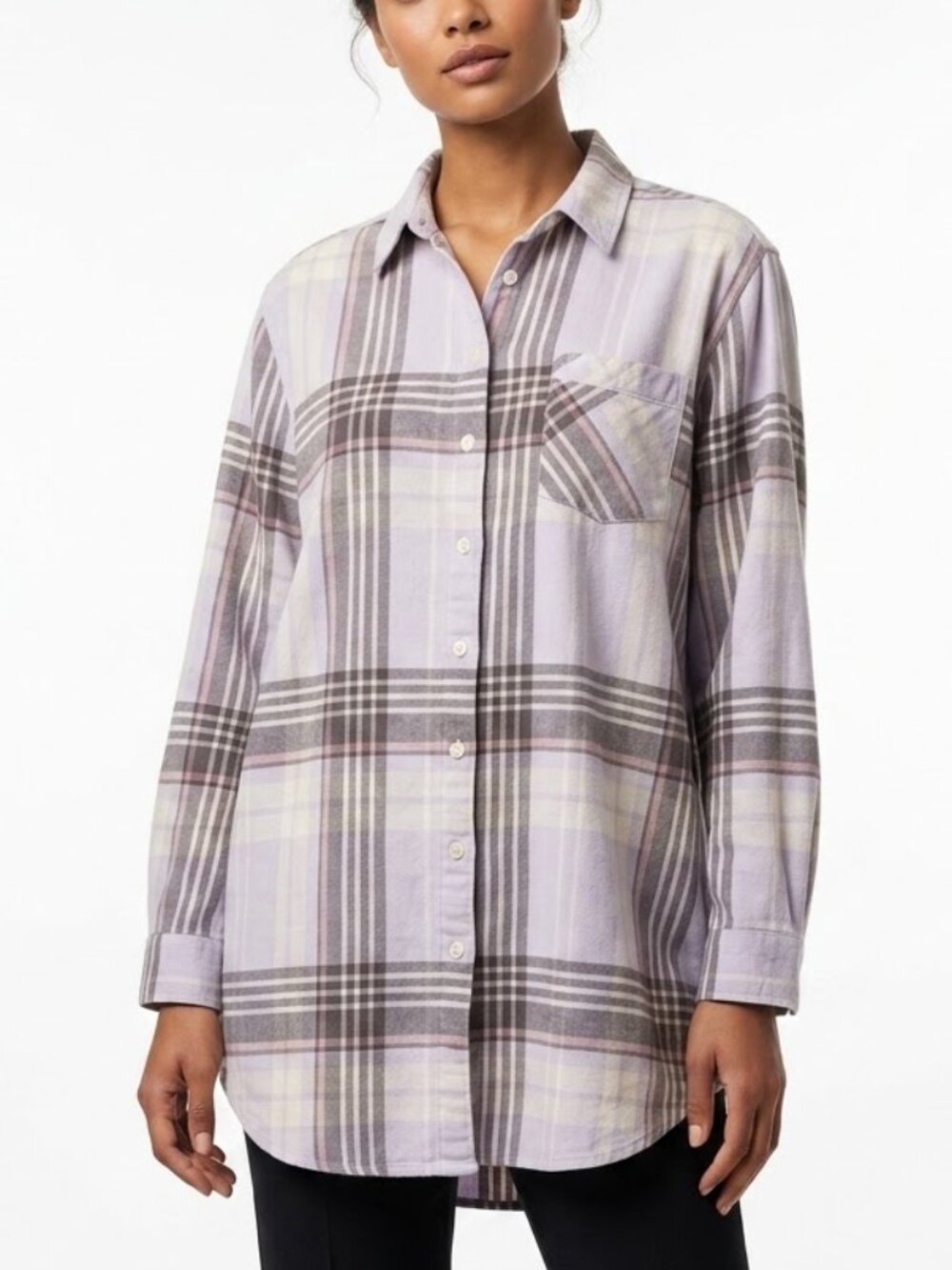 SONOMA Plaid Grunge Sleepshirt Gray Purple Soft Flannel Ribbed Side Nightshirt L